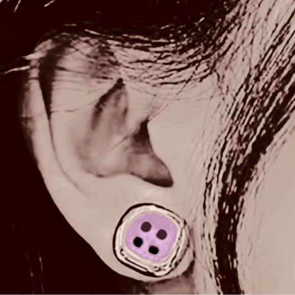 “Cute as a Button” Silver Dipped Purple Enamel Rounded Square Art Deco Earrings - Picture 2 of 6